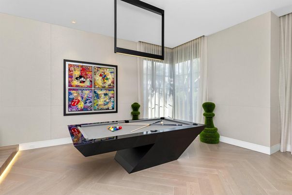 Billiard Table, Game Room, Interior, Pendant Lights, Recessed Lighting, Wood Texture Flooring