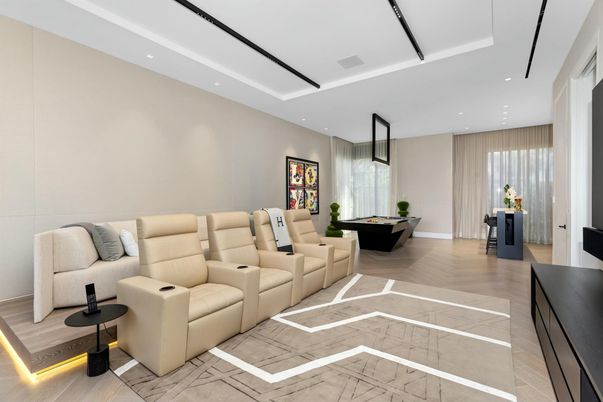 Home Theatre Room, Interior, Recessed Lighting, Theatre Room, Wood Texture Flooring