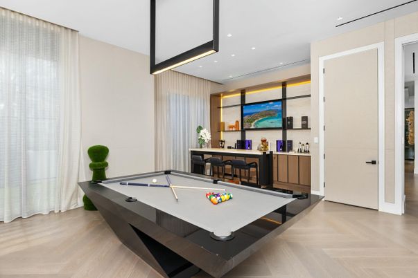 Billiard Table, Game Room, Interior, Pendant Lights, Recessed Lighting, Wood Texture Flooring