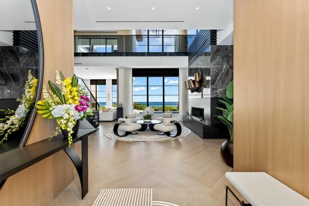 Fireplace, Interior, Living room, Recessed Lighting, Water, Wood Texture Flooring