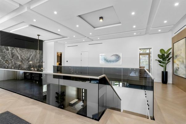 Interior, Kitchen, Marble Walls, Recessed Lighting, Wood Texture Flooring