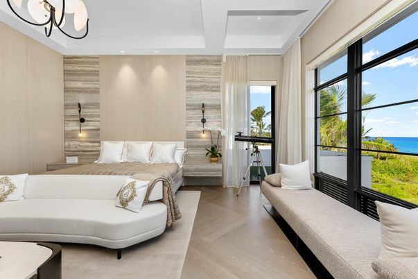 Bedroom, Interior, Living room, Recessed Lighting, Water, Wood Texture Flooring