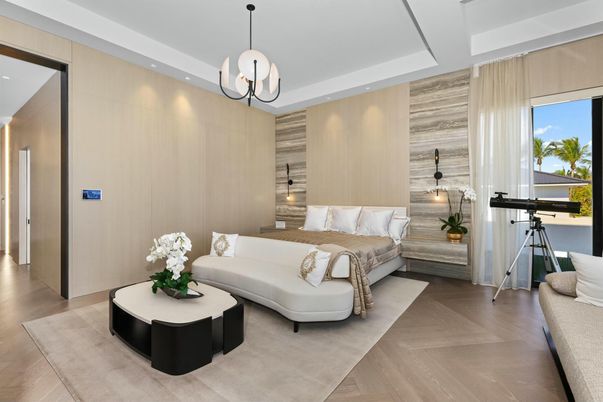 Bedroom, Interior, Pendant Lights, Recessed Lighting, Wood Texture Flooring