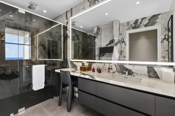 Bathroom, Dual Sink Vanities, Glass Shower, Interior, Marble Walls, Recessed Lighting