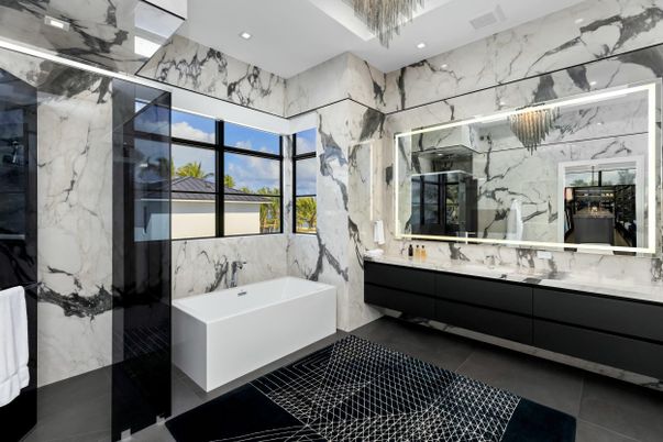 Bathroom, Dual Sink Vanities, Interior, Marble Walls, Recessed Lighting