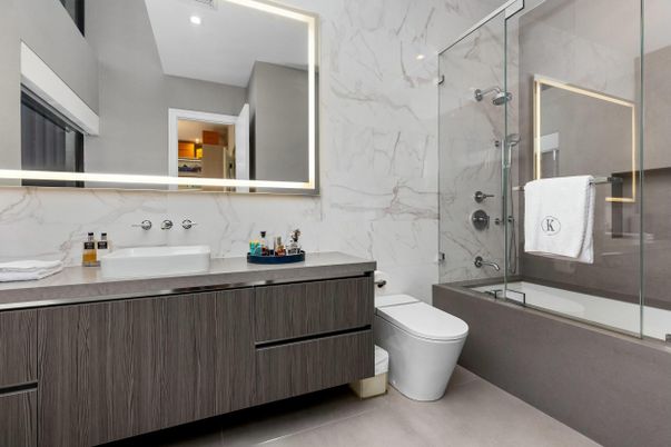 Bathroom, Glass Shower, Interior, Marble Walls, Recessed Lighting