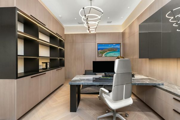 Home Office, Interior, Pendant Lights, Recessed Lighting, Wood Texture Flooring