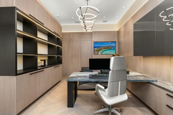 Home Office, Interior, Pendant Lights, Recessed Lighting, Wood Texture Flooring