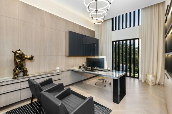 Home Office, Interior, Pendant Lights, Wood Texture Flooring