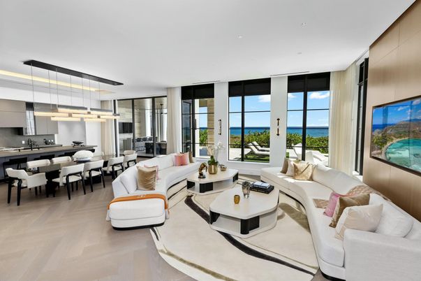 Dining room, Interior, Living room, Pendant Lights, Recessed Lighting, Water, Wood Texture Flooring