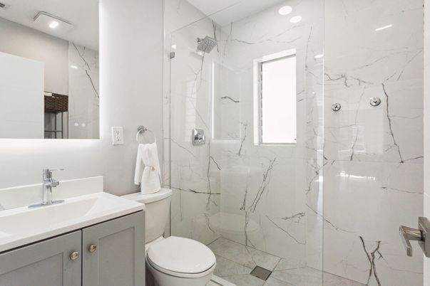 Bathroom, Glass Shower, Interior, Marble Walls, Recessed Lighting