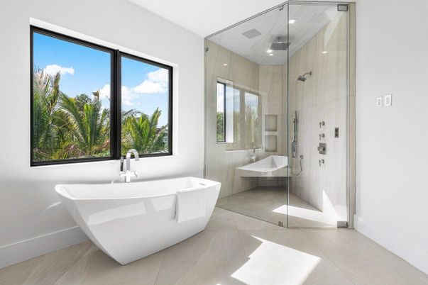 Bathroom, Free Standing Baths, Glass Shower, Interior, Recessed Lighting