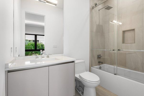 Bathroom, Glass Shower, Interior, Wood Texture Flooring