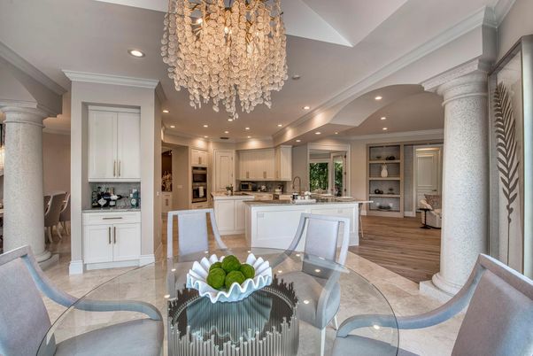 Chandelier, Dining room, Interior, Kitchen, Recessed Lighting, Wood Texture Flooring
