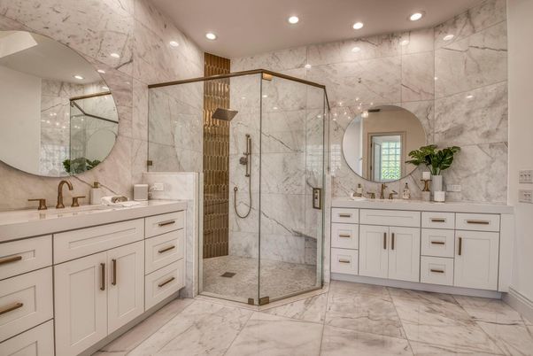 Bathroom, Dual Sink Vanities, Glass Shower, Interior, Marble, Marble Walls, Recessed Lighting