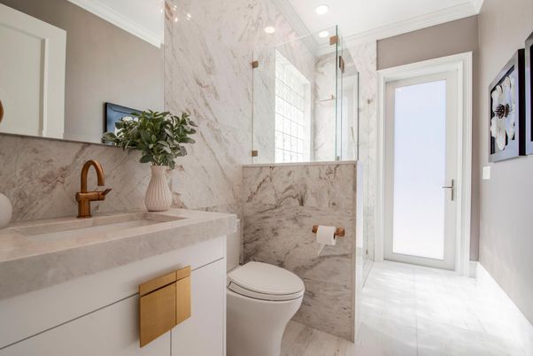 Bathroom, Glass Shower, Interior, Marble, Marble Walls, Recessed Lighting