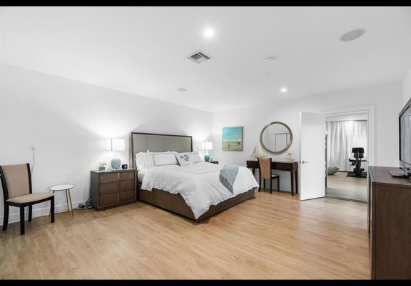 Bedroom, Interior, Recessed Lighting, Wood Texture Flooring
