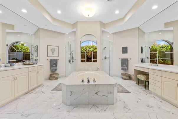 Bathroom, Dual Sink Vanities, Glass Shower, Interior, Marble, Recessed Lighting