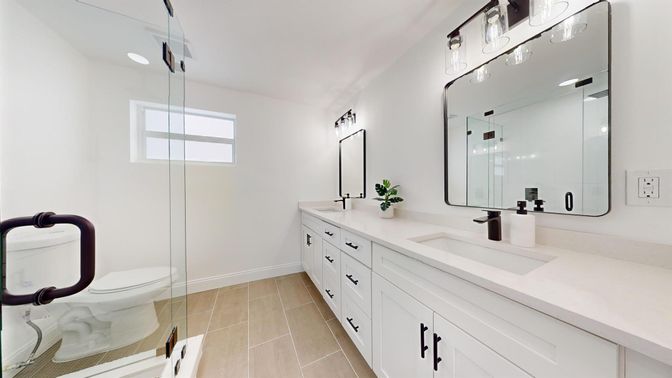 Bathroom, Dual Sink Vanities, Glass Shower, Interior, Recessed Lighting