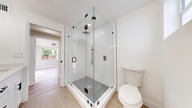 Bathroom, Glass Shower, Interior, Wood Texture Flooring