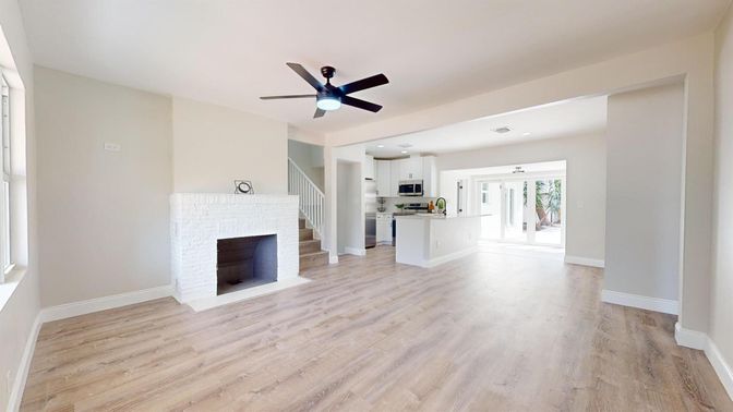 Empty room, Fireplace, Interior, Kitchen, Recessed Lighting, Wood Texture Flooring