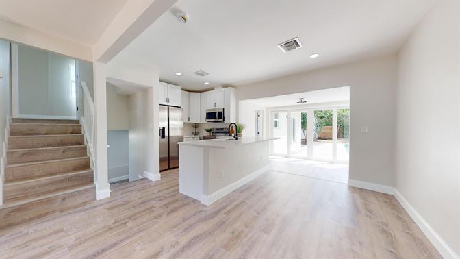 Interior, Kitchen, Recessed Lighting, Stainless Steel Appliances, Wood Texture Flooring