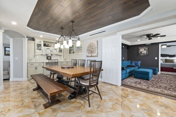 Dining room, Interior, Kitchen, Pendant Lights, Recessed Lighting, Wooden Ceilings