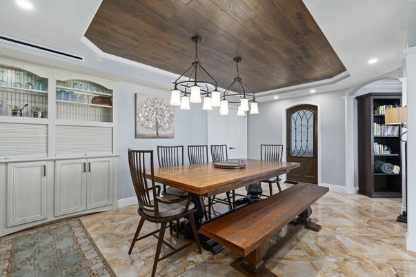 Dining room, Interior, Pendant Lights, Recessed Lighting, Wooden Ceilings