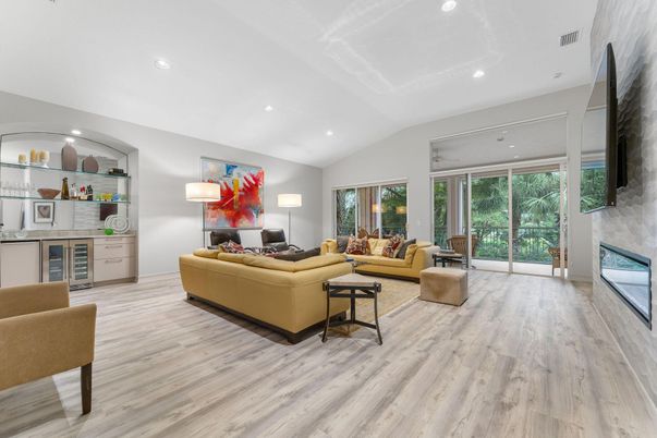 Fireplace, Interior, Living room, Recessed Lighting, Wood Texture Flooring
