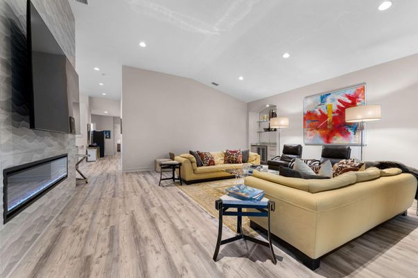 Fireplace, Interior, Living room, Recessed Lighting, Wood Texture Flooring