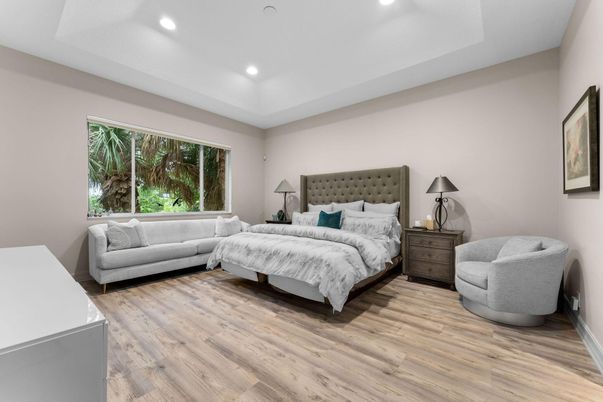 Bedroom, Interior, Recessed Lighting, Wood Texture Flooring