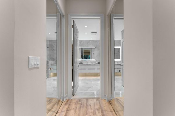 Bathroom, Interior, Marble, Recessed Lighting, Wood Texture Flooring
