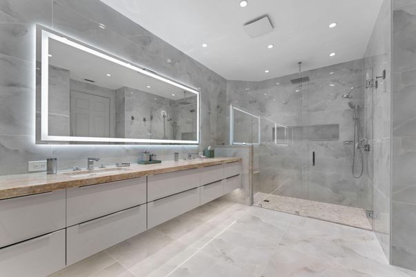 Bathroom, Dual Sink Vanities, Glass Shower, Interior, Marble Walls, Recessed Lighting