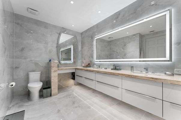 Bathroom, Dual Sink Vanities, Interior, Marble Walls, Recessed Lighting