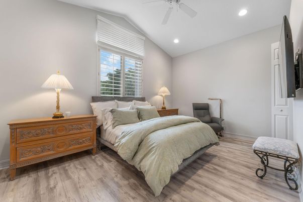 Bedroom, Interior, Recessed Lighting, Wood Texture Flooring