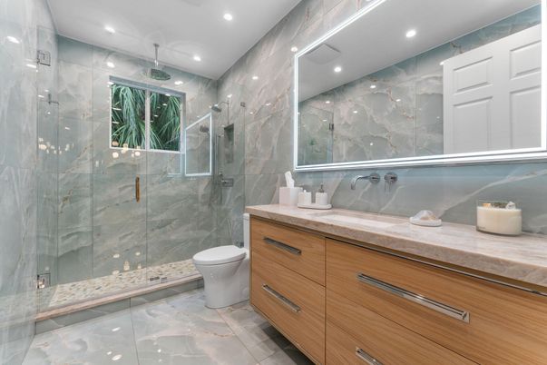 Bathroom, Glass Shower, Interior, Marble Walls, Recessed Lighting