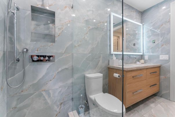 Bathroom, Glass Shower, Interior, Recessed Lighting
