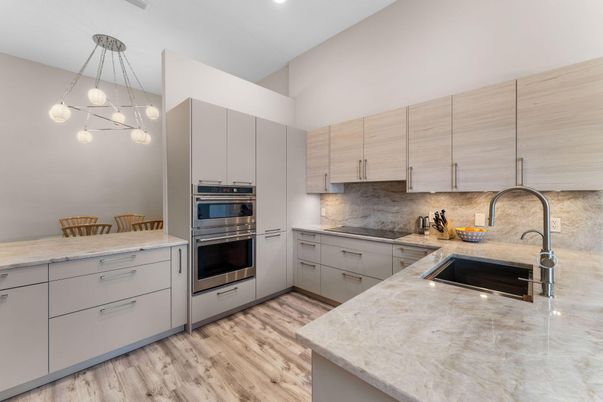 Interior, Kitchen, Pendant Lights, Recessed Lighting, Stainless Steel Appliances, Wood Texture Flooring