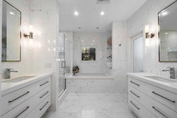 Bathroom, Dual Sink Vanities, Interior, Marble, Marble Walls, Recessed Lighting