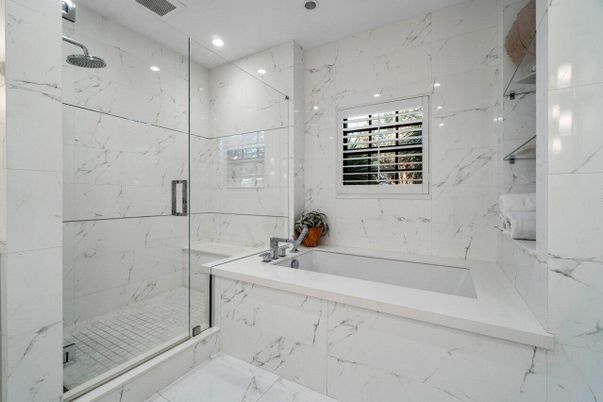 Bathroom, Glass Shower, Interior, Marble, Marble Walls, Recessed Lighting