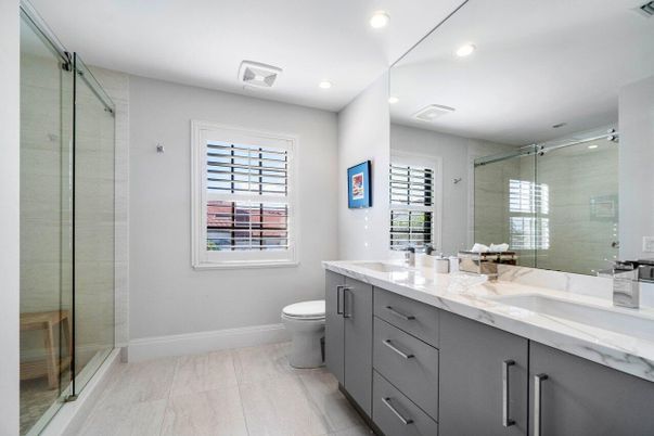 Bathroom, Dual Sink Vanities, Glass Shower, Interior, Recessed Lighting
