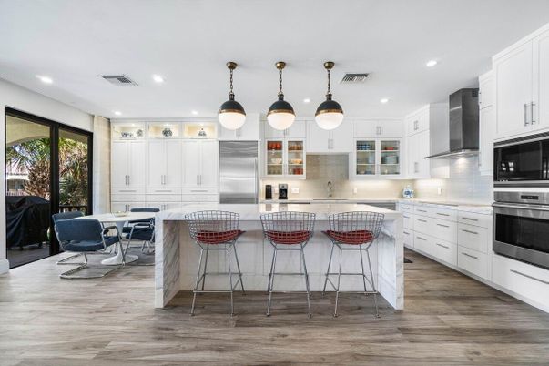 Interior, Kitchen, Pendant Lights, Recessed Lighting, Stainless Steel Appliances, Wood Texture Flooring