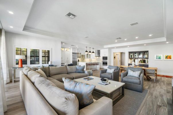 Dining room, Interior, Kitchen, Living room, Pendant Lights, Recessed Lighting, Stainless Steel Appliances, Wood Texture Flooring