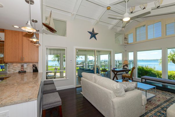 Interior, Kitchen, Living room, Pendant Lights, Recessed Lighting, Water, Wood Texture Flooring