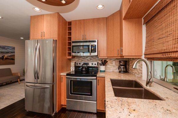 Interior, Kitchen, Recessed Lighting, Stainless Steel Appliances, Wood Texture Flooring