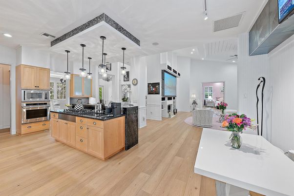 Interior, Kitchen, Living room, Pendant Lights, Recessed Lighting, Stainless Steel Appliances, Wood Texture Flooring