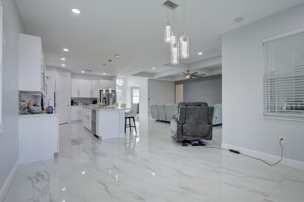Interior, Kitchen, Marble, Pendant Lights, Recessed Lighting