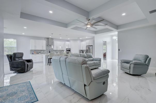 Interior, Kitchen, Living room, Marble, Pendant Lights, Recessed Lighting, Stainless Steel Appliances