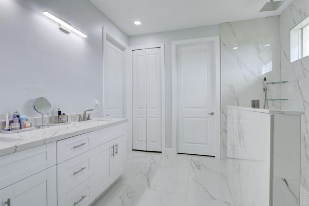 Bathroom, Dual Sink Vanities, Glass Shower, Interior, Marble, Marble Walls, Recessed Lighting