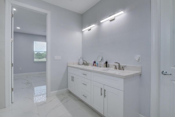 Bathroom, Dual Sink Vanities, Interior, Marble, Recessed Lighting